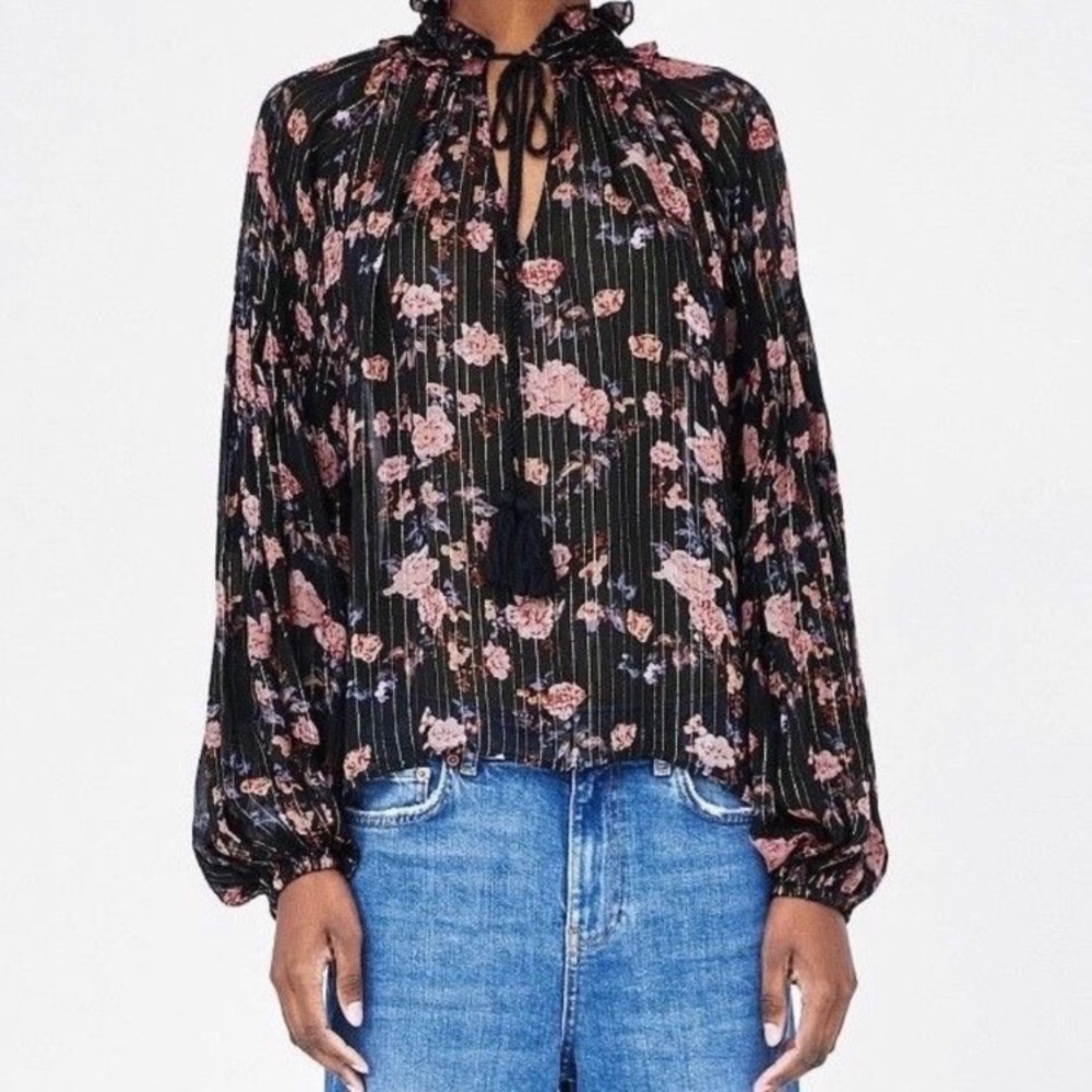 Zara Gold Striped Floral Peasant Top!